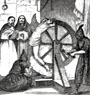 Инквизиторы пытают еретика. Гравюра. XV век.