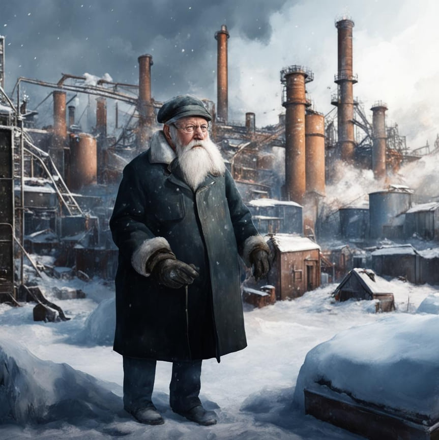 Рисуя Абинск, нейросеть решила, что Дед Мороз (в рабочей одежде) первым делом отправляется на электрометаллургический завод