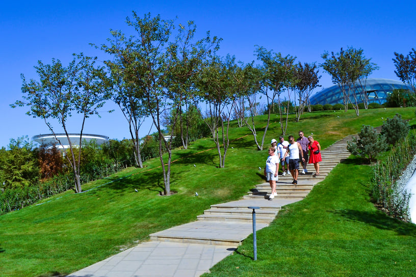 Спуститься с холма можно по лестнице