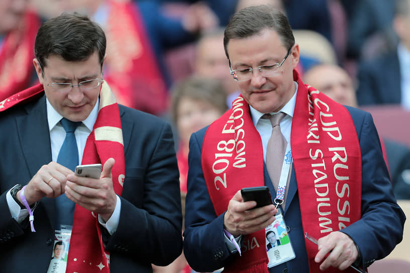 Июнь 2018 года. Чемпионат мира по футболу в России. И. о. губернатора Нижегородской области Глеб Никитин (слева) и врио губернатора Самарской области Дмитрий Азаров (справа)