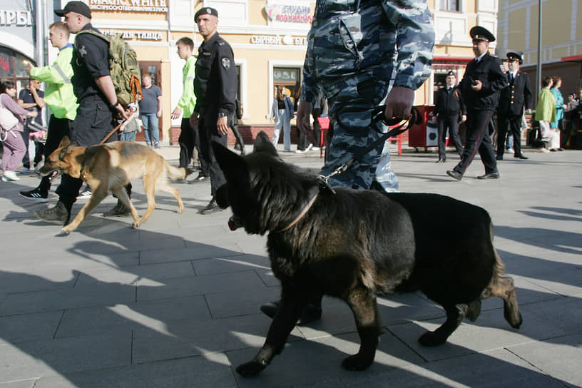 Полицейские со служебными собаками патрулируют маршрут парада