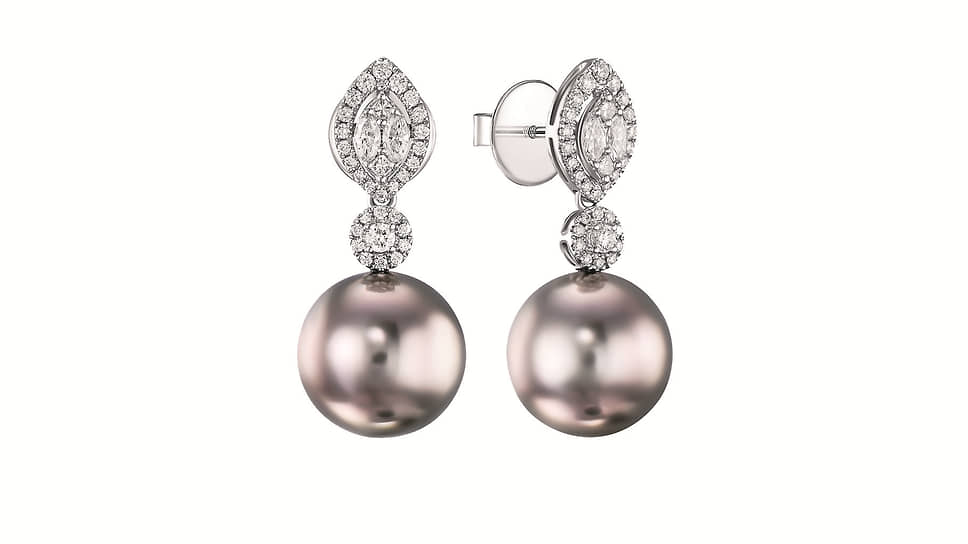 Miuz Diamonds, серьги Royal Pearl, белое золото, таитянский жемчуг, бриллианты