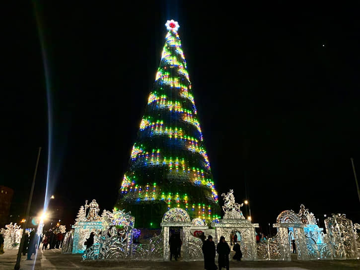В Красноярске главная городская елка установлена на острове Татышев. За 15,9 млн руб. произведен монтаж и демонтаж семиярусной металлоконструкции, установка звезды на верхушку 20 тыс. веток, а также монтаж и демонтаж системы иллюминации. Новогоднее дерево высотой 55 метров искусственное