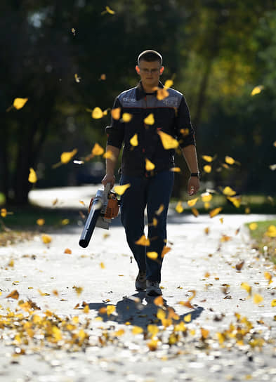 Уборка упавшей листвы на улицах Омска