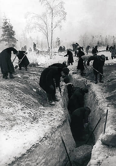 23 ноября 1941 г. Ленинградский фронт. Строительство сооружений на подступах Ленинграду. Трудящиеся Куйбышевского района роют окопы