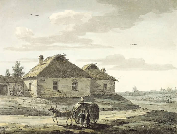 Одна из картин М.Н. Воробьева на выставке - "Хаты в селе Никольском". 1812. Бумага, акварель, тушь, кисть, перо