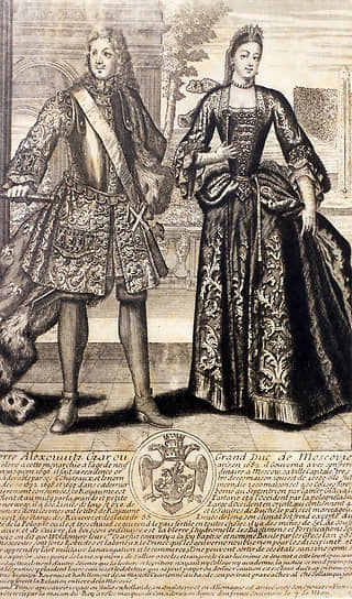 1717 год. Гравюра «Петр Алексеевич, Царь или Великий князь Московии с Екатериной» 
