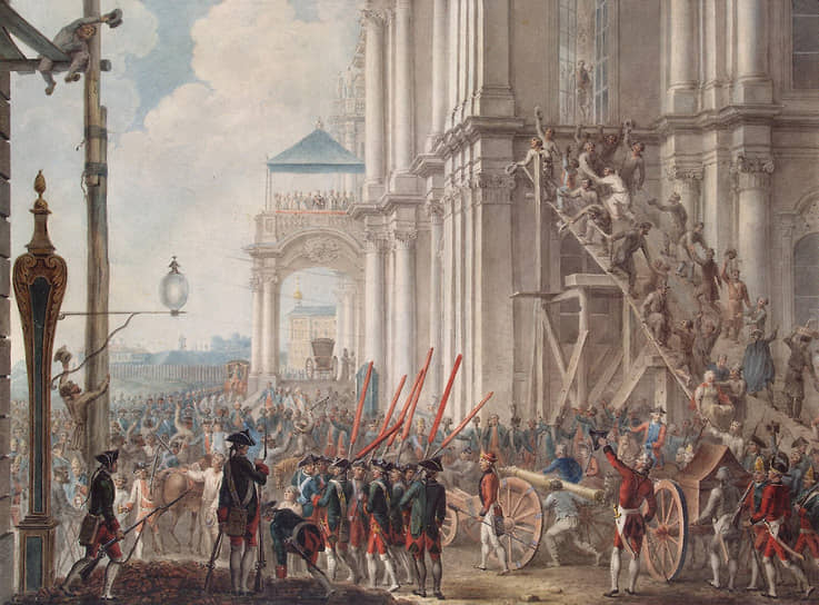 28 июня 1762 года. «Екатерина II на балконе Зимнего дворца, приветствуемая гвардией и народом в день переворота 28 июня 1762 года»