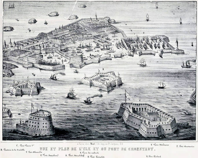 1854 г. Вид и карта острова и гавани Кронштадта