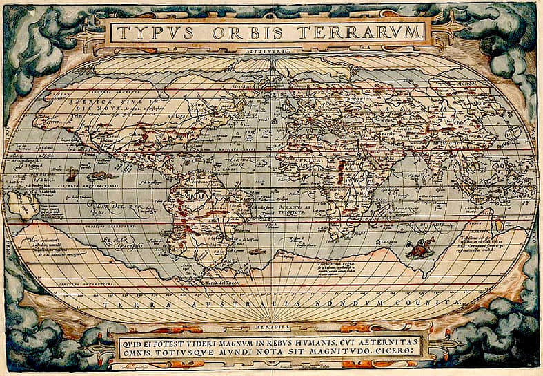 1570 год. Карта Typus Orbis Terrarum, включая Terra Australis, нарисованная картографом Авраамом Ортелиусом (1527–1598) около 1570 года. Неведомая Южная земля — гипотетический материк вокруг Южного полюса, изображавшийся на картах в XV–XVIII веках