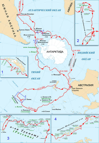 Маршрут первой русской антарктической экспедиции Беллинсгаузена и Лазарева в 1819–1821 годах. Карта Антарктиды с островами, открытыми экспедицией