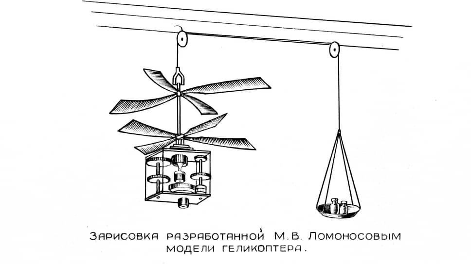 Зарисовка действующей модели геликоптера, которую русский ученый Михаил Васильевич Ломоносов демонстрировал на конференции Российской Академии наук 1 июля 1754 года