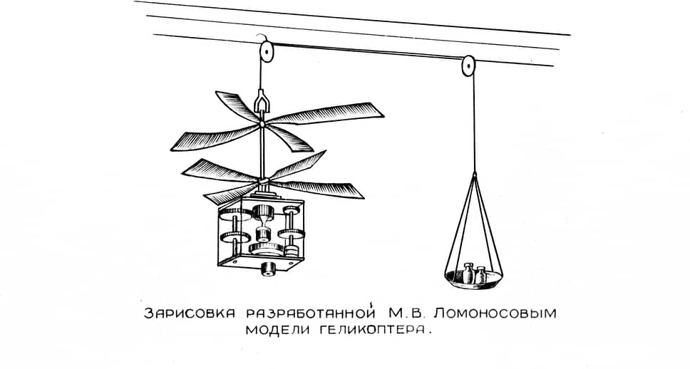 Зарисовка действующей модели геликоптера, которую русский ученый Михаил Васильевич Ломоносов демонстрировал на конференции Российской Академии наук 1 июля 1754 года