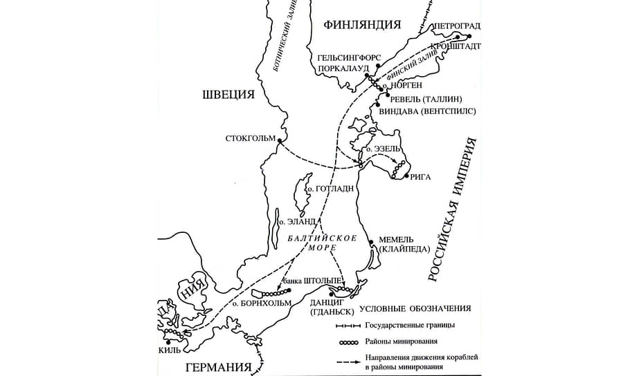 1910-е годы. Основные районы минирования на Балтике с включением и руководством капитана 1-го ранга Александра Колчака