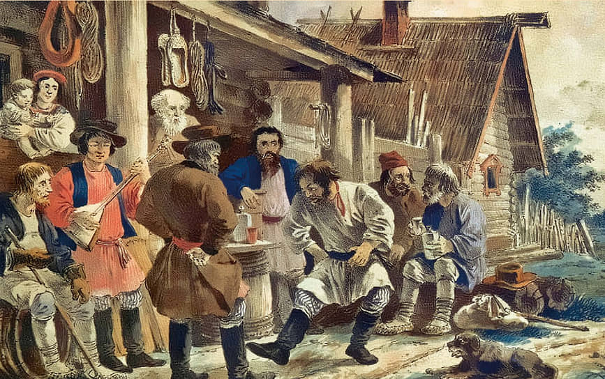 Российское царство. Крестьянское веселье с вином, музыкой и танцами. Художник Александр Орловский