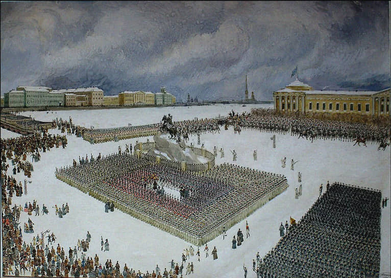 Сенатская площадь. Восстание декабристов. В рядах восставших — третья рота Московского полка, которую вывел Михаил Бестужев