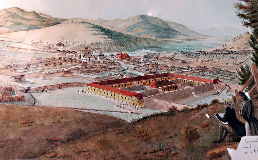 1834 год. Общий вид Петровского завода. В центре — тюрьма, где были заключены декабристы. Акварель брата Михаила Бестужева, Николая