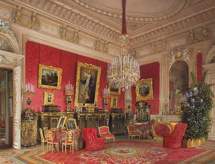 На репродукции акварели Луиджи Премацци изображен кабинет императрицы Марии Александровны. Так выглядел Зимний дворец до «большой распродажи». В глубине зала можно разглядеть «Мадонну Альба» Рафаэля. Однако с конца 20-х годов прошлого века советская власть начала распродавать сокровища из собрания Эрмитажа европейским магнатам. В результате музей лишился значительной части своего собрания и утратил произведения, украшающие сегодня крупнейшие галереи мира