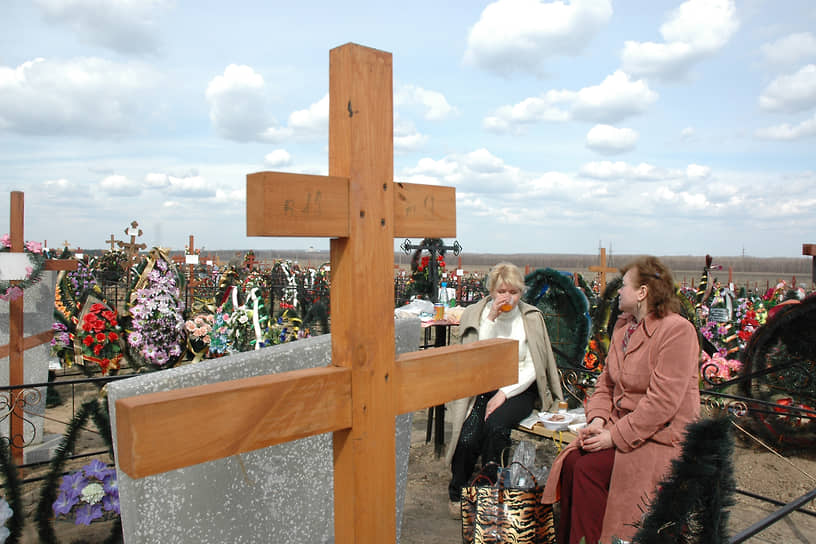 Две женщины на Буденовском кладбище Воронежа на Пасху. 2007 год