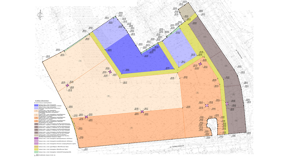 Розовой обозначена зона для МКД, синей — для школы и детсадов, темно-серой — для ТЦ
