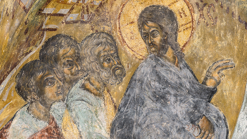 Преображение Господне, фрагмент. Искусствоведы отмечают, что каждый лик фресок носит индивидуальные черты. Это особенность теряется в монументальной живописи XVII века