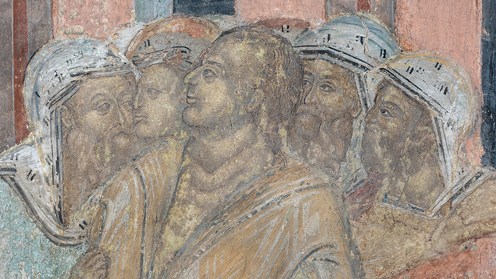 Исцеление бесноватого, фрагмент. Расписывали собор московские мастера Ларион Леонтьев сын, Федор и Третьяк Никитины дети, да ярославцы Дементий и Афанасий Сидоровы дети. Имена мастеров написаны на одном из столпов