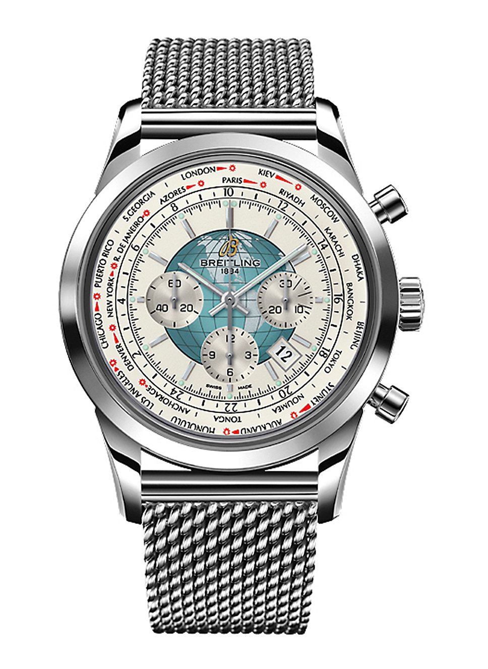 Breitling, Transocean Chronograph Unitime, 2013: автоматический хронограф с запасом хода в 70 часов. Стальной корпус диаметром в 46 мм, стальной браслет системы Ocean Classic, циферблат цвета Polar White, внутри — калибр Breitling Caliber 05 
