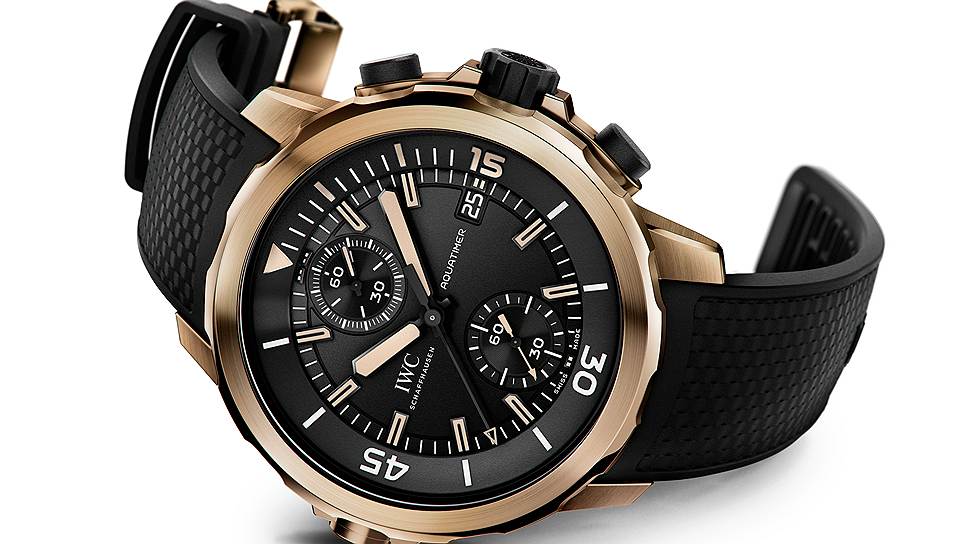 IWC Aquatimer Chronograph Edition &quot;Expeditio Charles Darwin&quot;, 2014: корпус из бронзы диаметром 44 мм, механизм хронографа с автоподзаводом, малой секундной стрелкой со стоп-функцией, запасом хода на 68 часов, указателем даты, частотой 28 800 полуколебаний в час. В числе особенностей модели — механические вращающиеся ободки с системой защиты при погружении SafeDive, завинчивающаяся заводная коронка, памятная гравировка на задней крышке корпуса