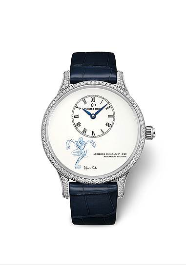 Jaquet Droz, Pertite Heure Minute, корпус из белого золота с белыми бриллиантами диаметром 39 мм, рисунок на циферблате -- Стефани Барба, 2014