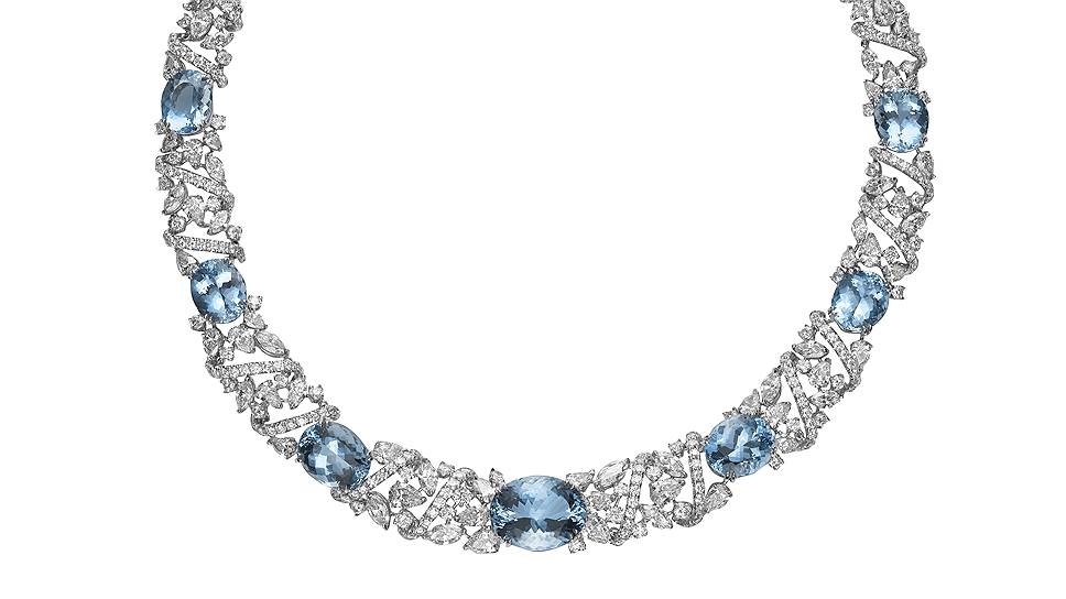 Сет Parure Mikimoto: колье и серьги из платины с бриллиантами и аквамаринами 
