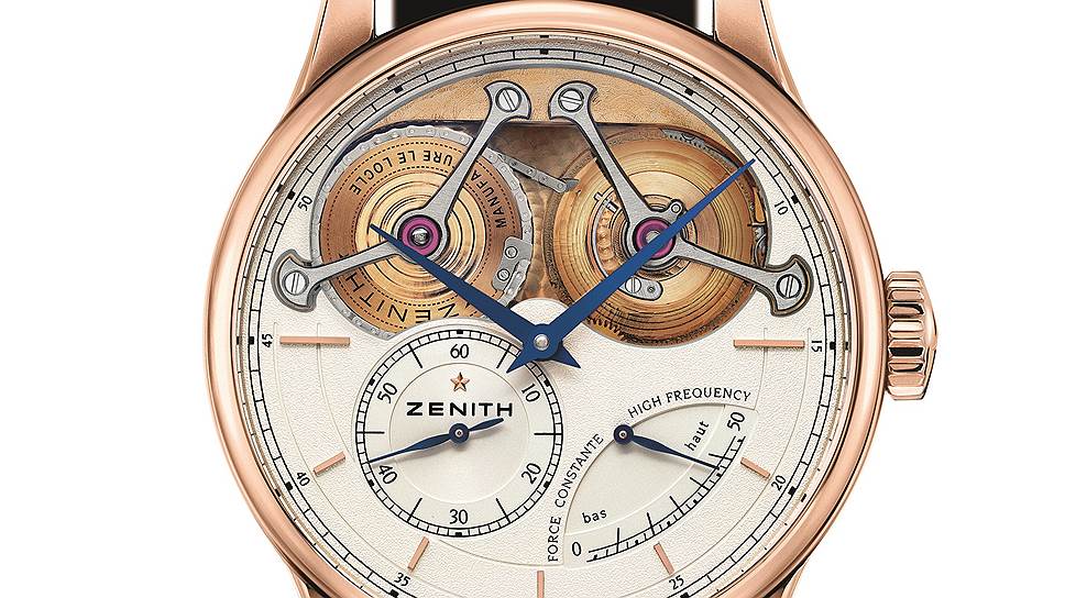 Zenith Academy Georges Favre-Jacot с механизмом El Primero 4810, ручным заводом и 50-часовым резервом хода. Комплектуется фузеей с цепной передачей и кремниевым спуском 
