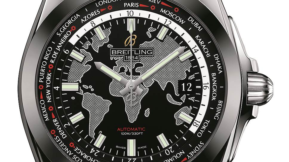 Breitling, Galactic Unitime SleerT — часы со стальным корпусом, ободок которого выполнен из карбида вольфрама (диаметр корпуса составляет 44 миллиметра); внутри установлен мануфактурный механизм Caliber B35 с функцией мирового времени, календарем, запасом хода на 70 часов и частотой 28 800 полуколебаний в час, 2015