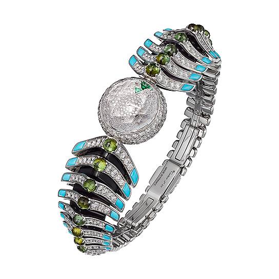 Cartier High Jewellery, часы Cameleon, белое золото, турмалины, бирюза, оникс, бриллианты 