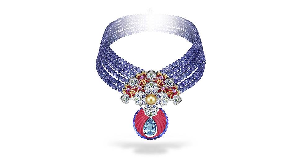 Chopard Red Carpet Collection. Колье из белого золота и титана c танзанитами, аквамаринами, жемчужиной, цаворитами, розовыми и желтыми сапфирами, спессартитами и бриллиантами 