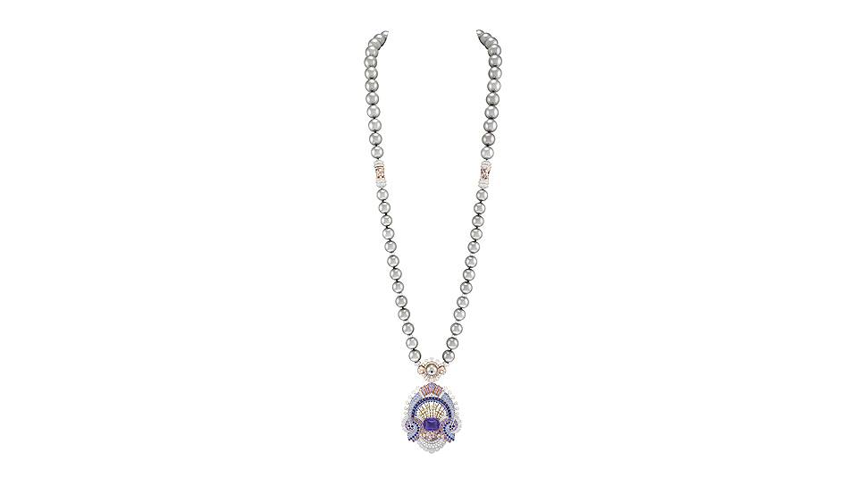 Колье Clair de Lune с отстегивающейся деталью, белое и розовое золото, сапфир (29,63 карата), сапфиры, серый жемчуг, бриллианты 
