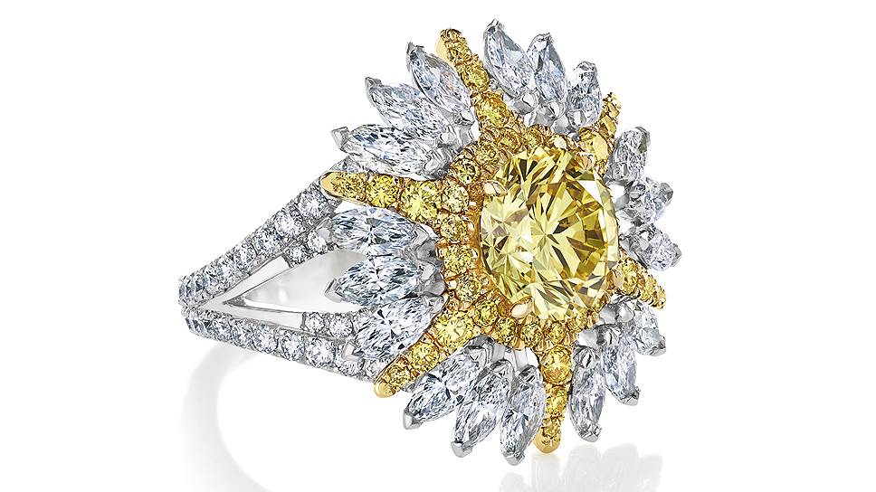 De Beers, кольцо Ra, белое золото, желтые и белые бриллианты 
