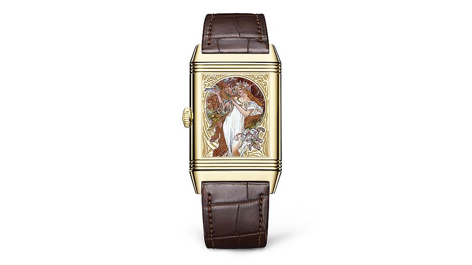 Jaeger-LeCoultre, Reverso Tribute Enamel Alfons Mucha, 45,5 х 27,4 мм, розовое золото, эмалевая миниатюра с декоративной панели Альфонса Мухи «Времена года. Весна», механизм с ручным подзаводом