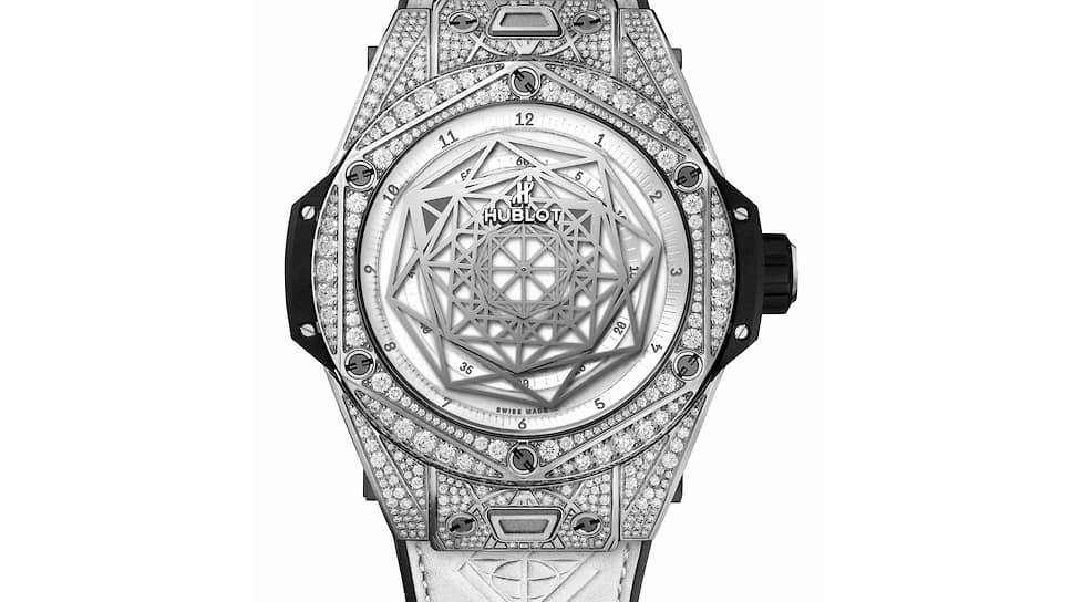 Hublot, часы Big Bang Sang Bleu Titanium Pave, 45 мм, титан, 256 бриллиантов, механизм с автоматическим подзаводом, запас хода 72