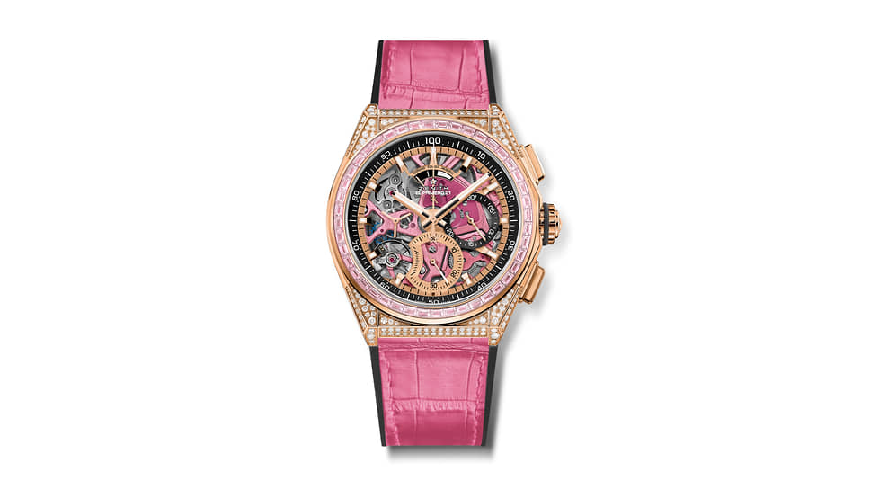 Zenith Defy El Primero 21 Pink Edition, корпус из розового золота с 44 сапфирами багетной огранки на безеле и 288 бриллиантами классической огранки, скелетонированный циферблат с двумя счетчиками