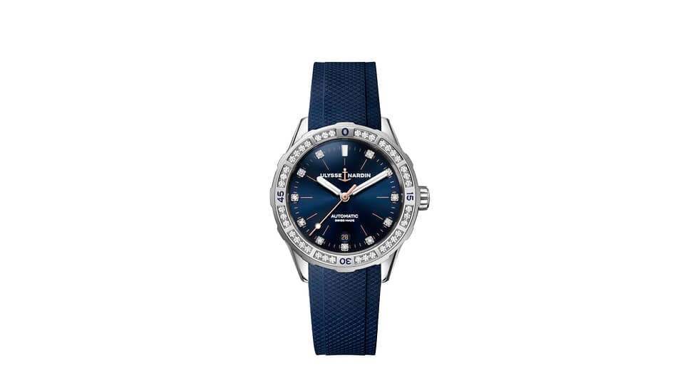 Ulysse Nardin, часы Lady Diver, 39 мм, сталь, бриллианты, механизм с автоматическим подзаводом, запас хода 42 часа