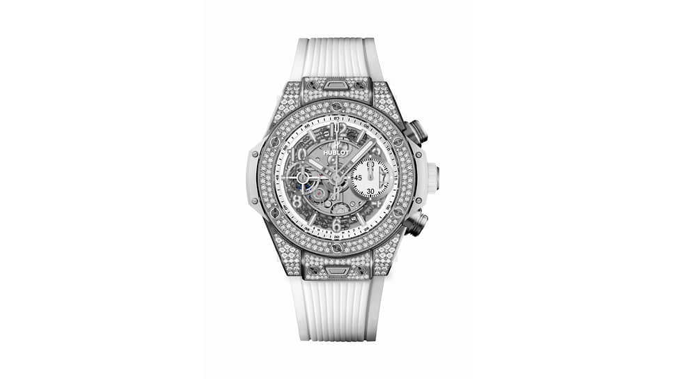 Hublot, часы Unico Titanium White Pave, 42 мм, титан, бриллианты, механизм с автоматическим подзаводом, запас хода 72 часа