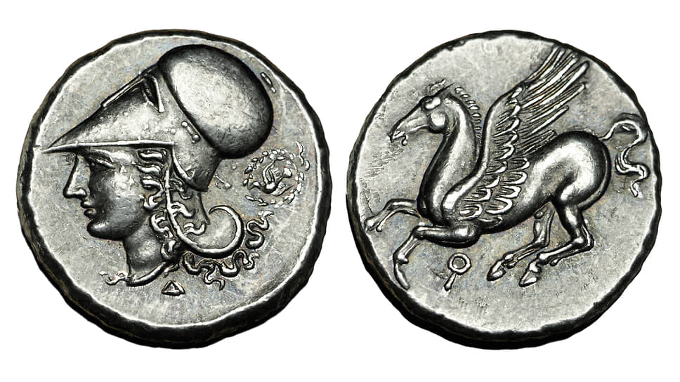 Греческая монета с изображением головы богини Афины и Пегаса, 400–350 гг.