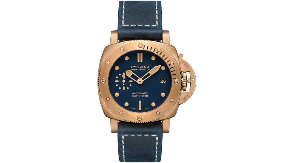 Panerai, часы Submersible Bronzo Blu Abisso, 42 мм, бронза, механизм с автоматическим подзаводом, запас хода 3 дня, водонепроницаемость 300 м