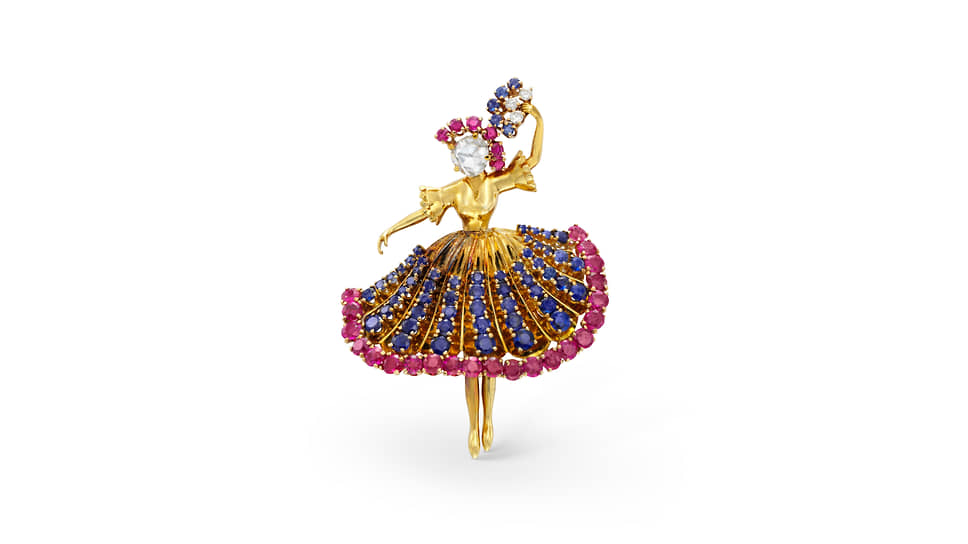 Брошь Ballerina, желтое золото, рубины, сапфиры, бриллианты, 1945 год