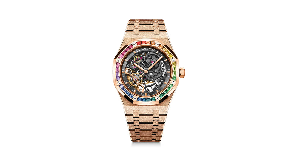 Часы Royal Oak Frosted Gold Double Balance Wheel Openworked, 41 мм, желтое золото, рубины, цавориты, изумруды, топазы, танзаниты, аметисты, разноцветные сапфиры, механизм с автоматическим подзаводом