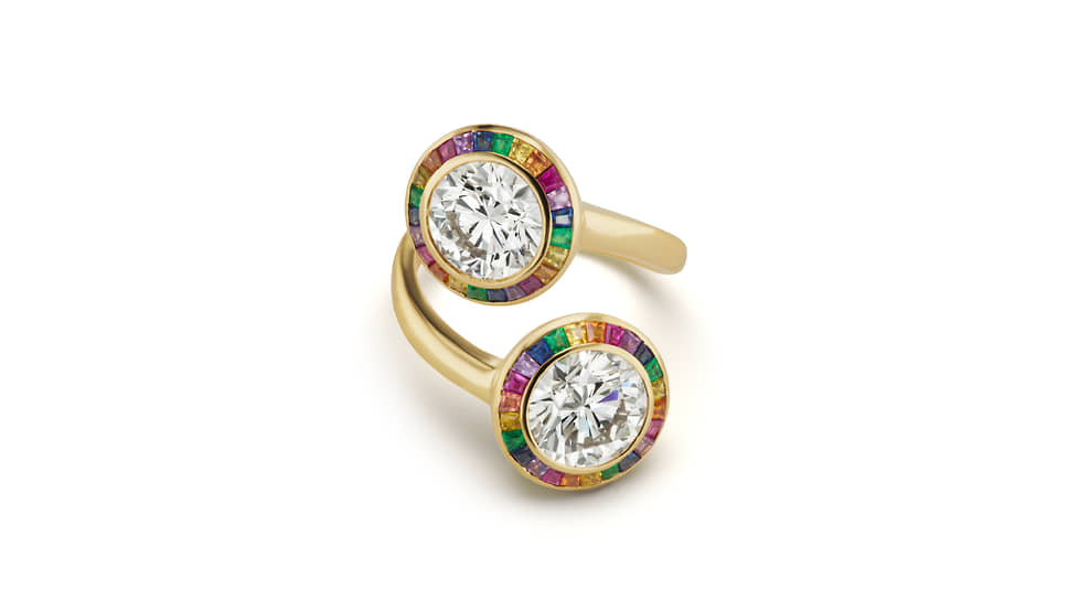 Brent Neale, кольцо Toi et Moi, желтое золото, разноцветные сапфиры, бриллианты