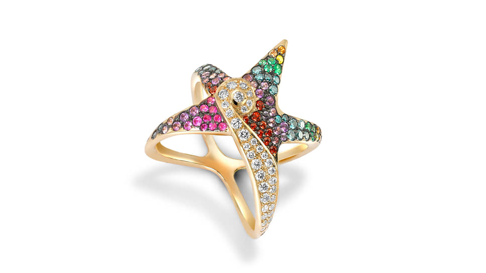 Venyx, кольцо Oseanyx Starfish, желтое золото, бриллианты, разноцветные сапфиры