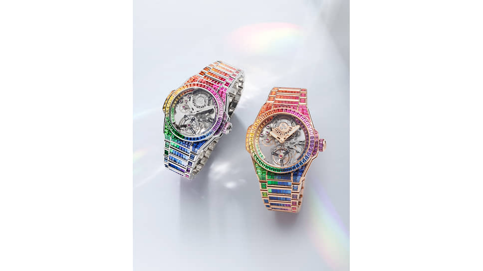 Слева: Big Bang Integral Tourbillon Rainbow, 43 мм, белое золото, рубины, сапфиры, аметисты, топазы, цавориты, механизм с автоматическим подзаводом, запас хода 72 часа; справа: Big Bang Integral Tourbillon Rainbow, 43 мм, золото King Gold, рубины, сапфиры, аметисты, топазы, цавориты, механизм с автоматическим подзаводом, запас хода 72 часа