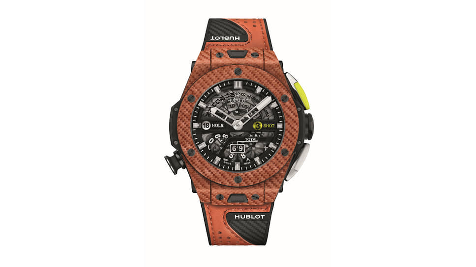 Hublot Big Bang Unico Golf Orange Carbon, корпус 45 мм из углеродного волокна с верхним слоем из тексалиума оранжевого цвета, мануфактурный механизм MHUB1580 с автоматическим подзаводом и запасом хода 72 часа. Ограниченная серия 100 экземпляров