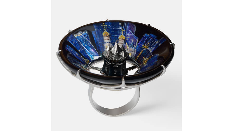 Виктория Синельникова, кольцо «Инверсия», серебро, лаковая миниатюра